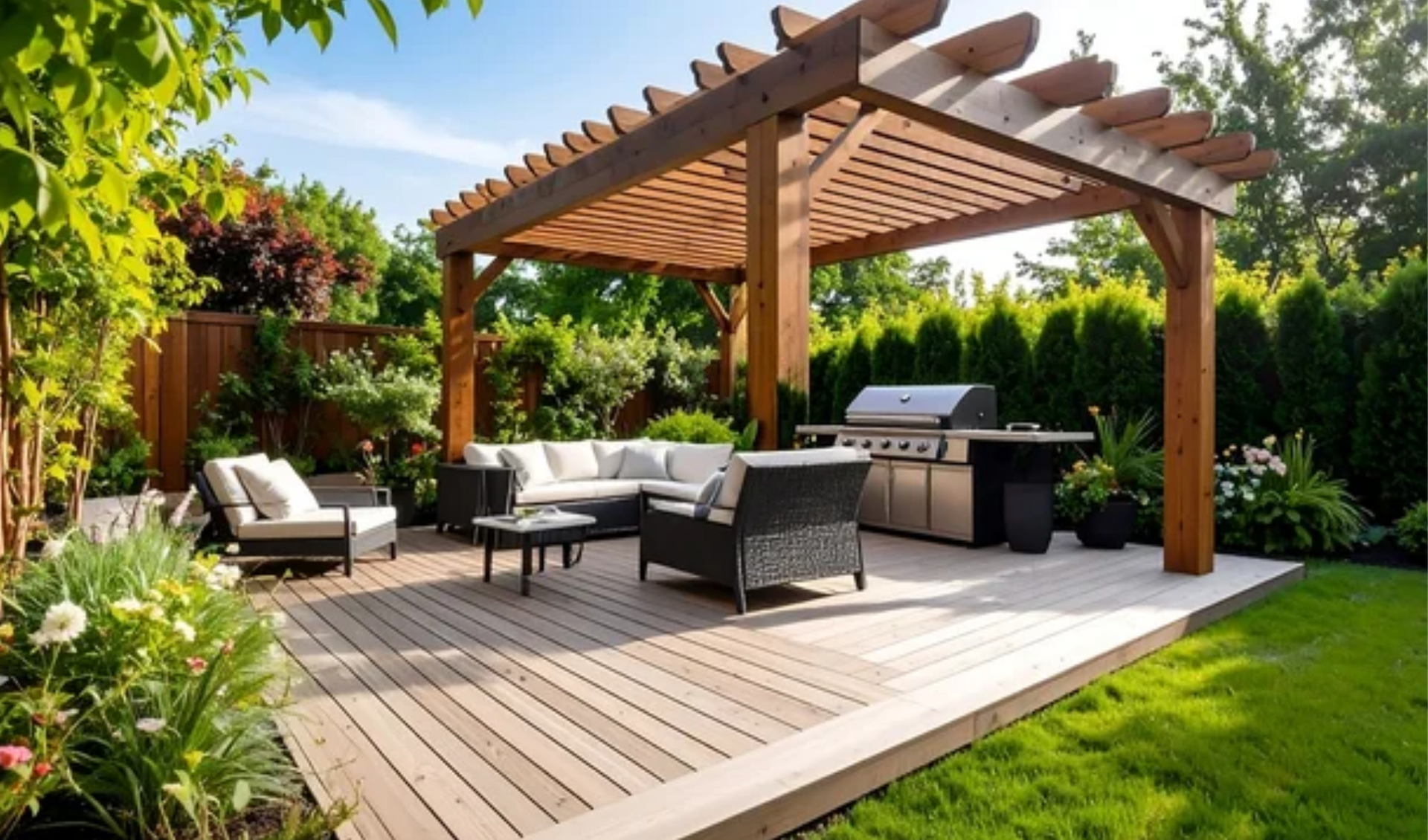 AD Construction NJ - Wooden pergola over outdoor patio with seating, grill, and lush landscaping.