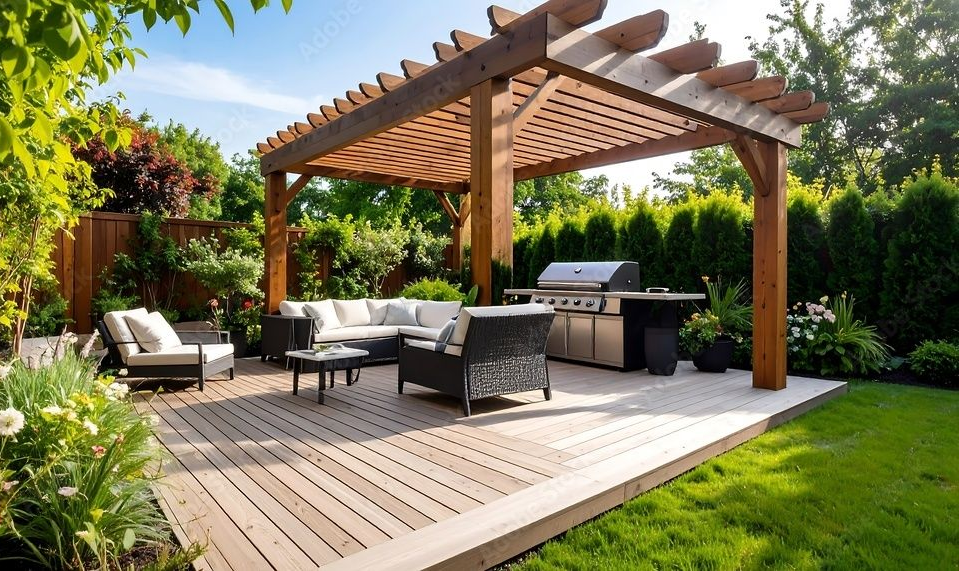 AD Construction NJ - Pergola over outdoor living space with grill, seating, and wooden deck.