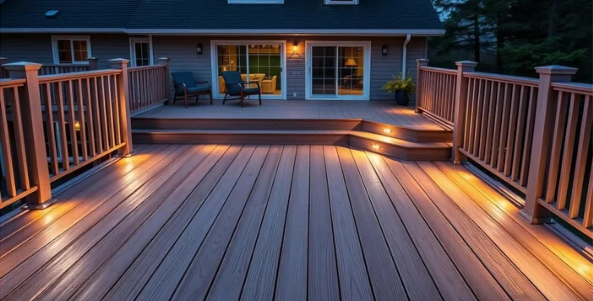 AD Construction NJ - Lit wooden deck at dusk with a raised platform, steps, and railing leading to a house.