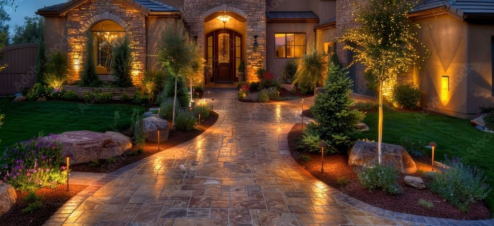 AD Construction NJ - Exterior of a house at night, illuminated pathway leading to the front door, with lush landscaping.
