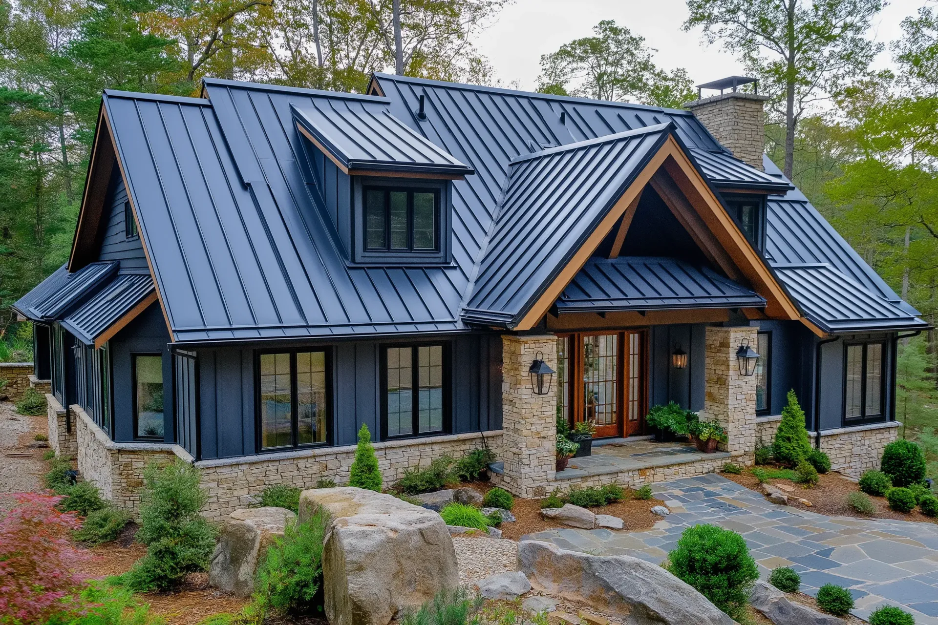 AD Construction NJ - Dark-sided cabin home with a metal roof and stone foundation, front yard with rock landscaping.