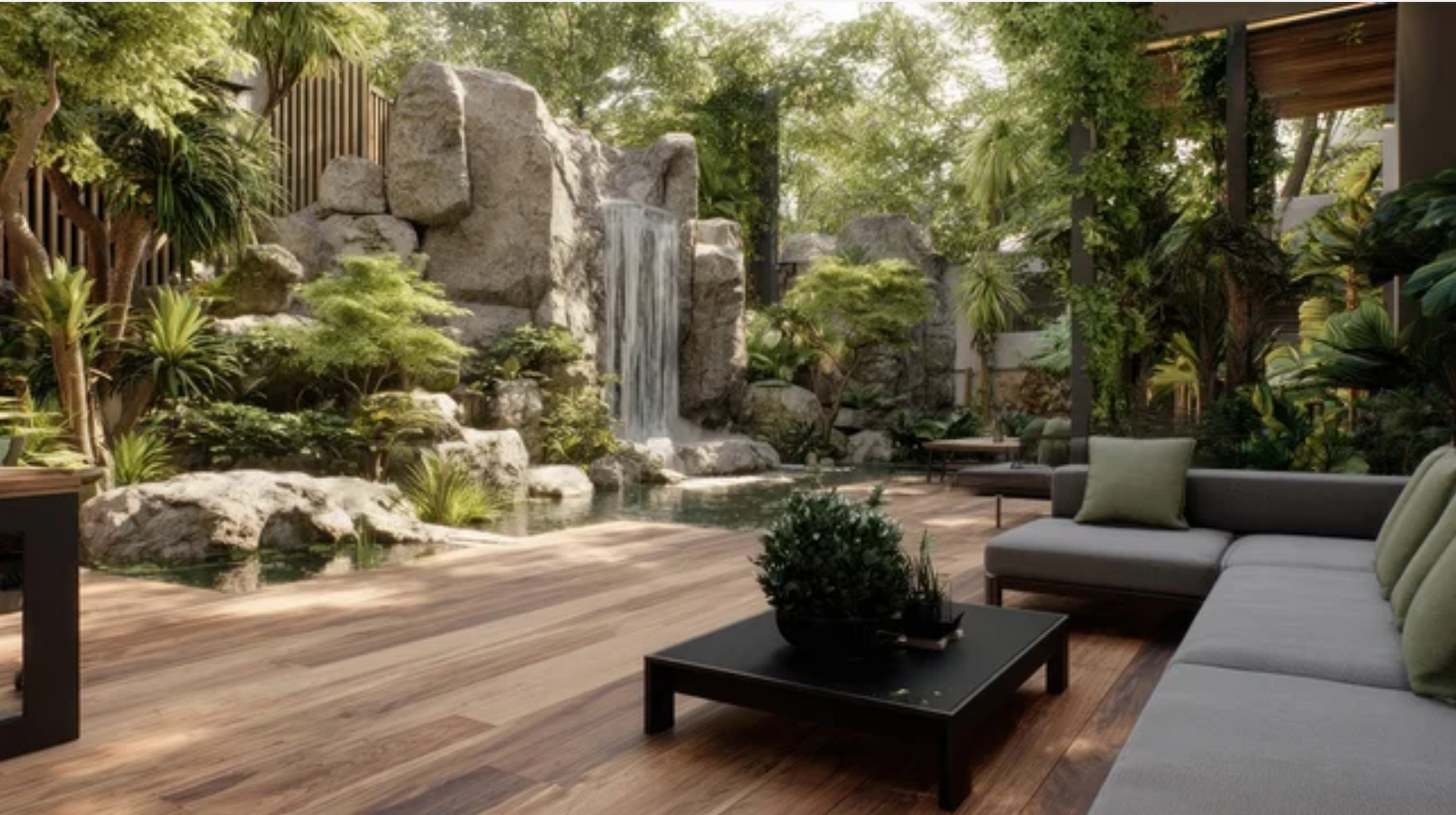 AD Construction NJ - Outdoor patio with waterfall, rocks, trees, wooden floor, and modern gray sofa.