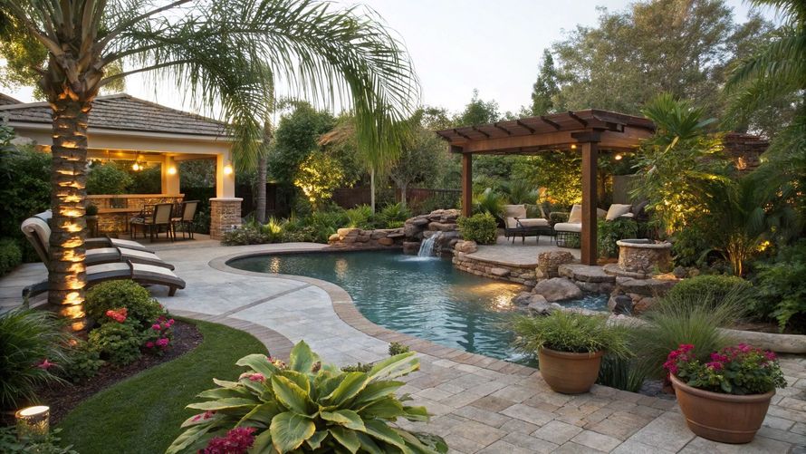 AD Construction NJ - Backyard pool with waterfalls, pergola, and outdoor seating, surrounded by lush landscaping and lighting