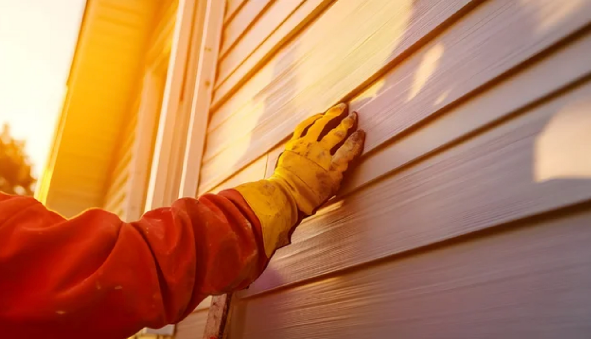 AD Construction NJ - Person in orange workwear, yellow glove touching siding on a house in sunlight.