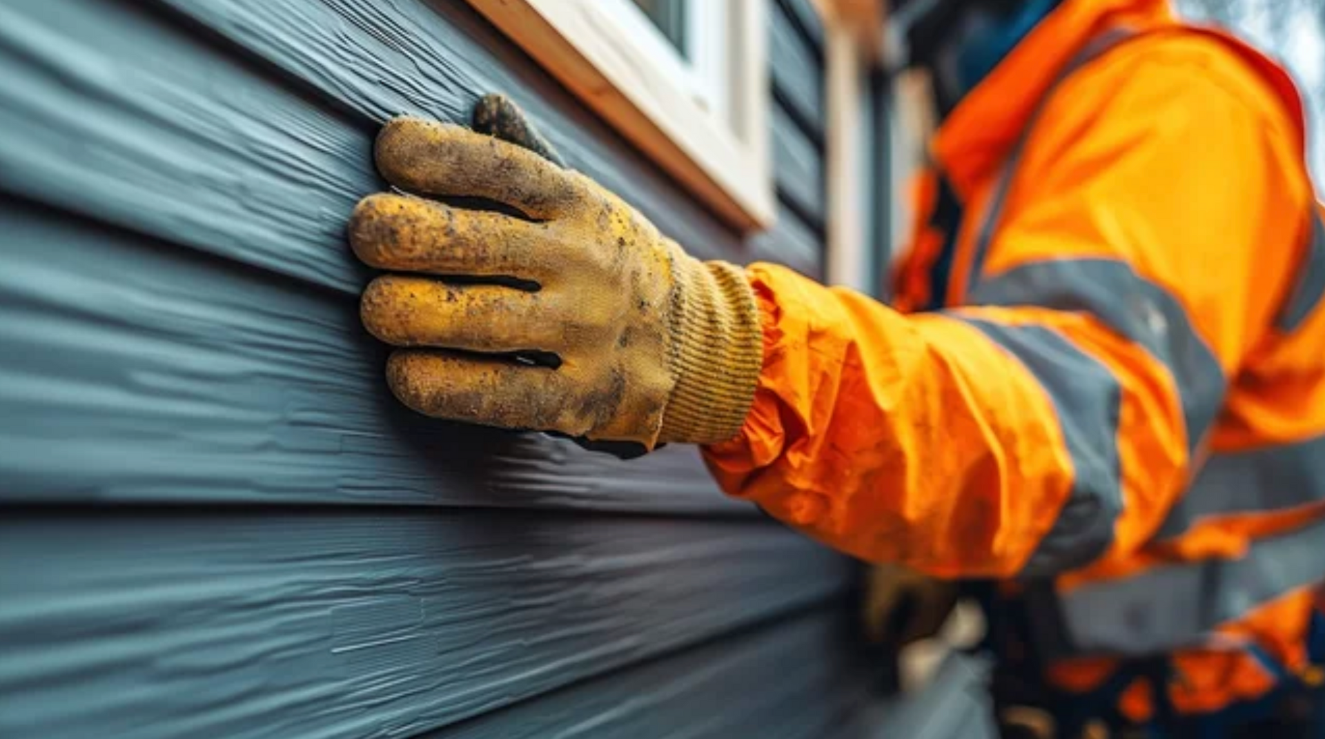 AD Construction NJ - Person in orange safety vest and gloves inspecting dark blue siding.