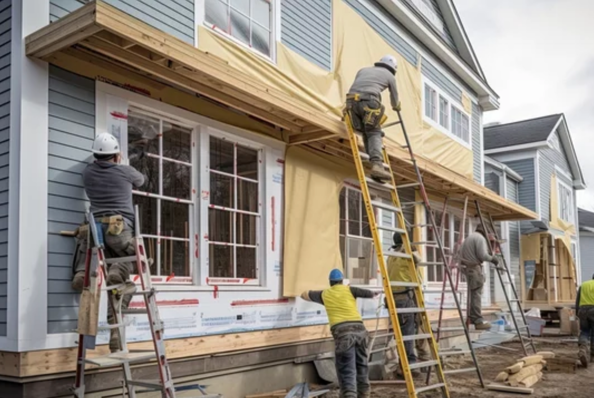 AD Construction NJ - Construction workers install siding on a light blue building, using ladders and safety gear outdoors.