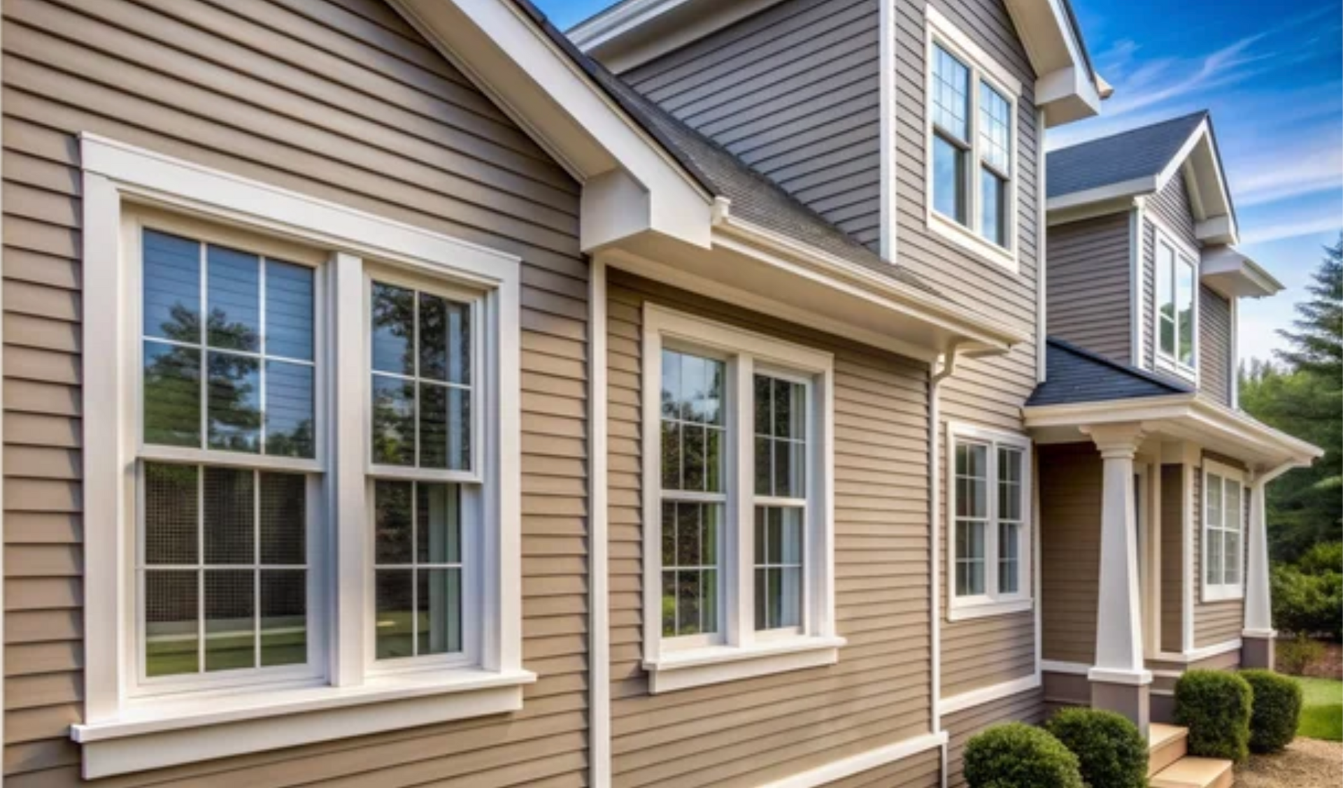 AD Construction NJ - Tan and gray house exterior with white trim and windows against a blue sky.