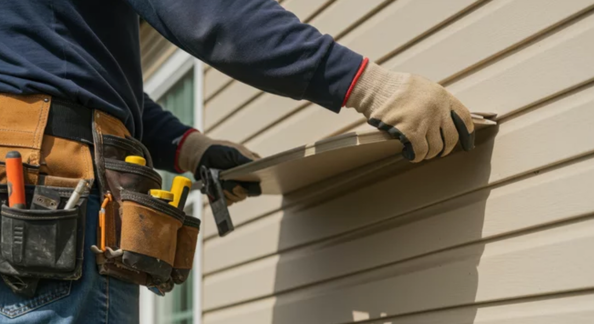 AD Construction NJ - Person installing siding on a beige building, wearing a tool belt and gloves.