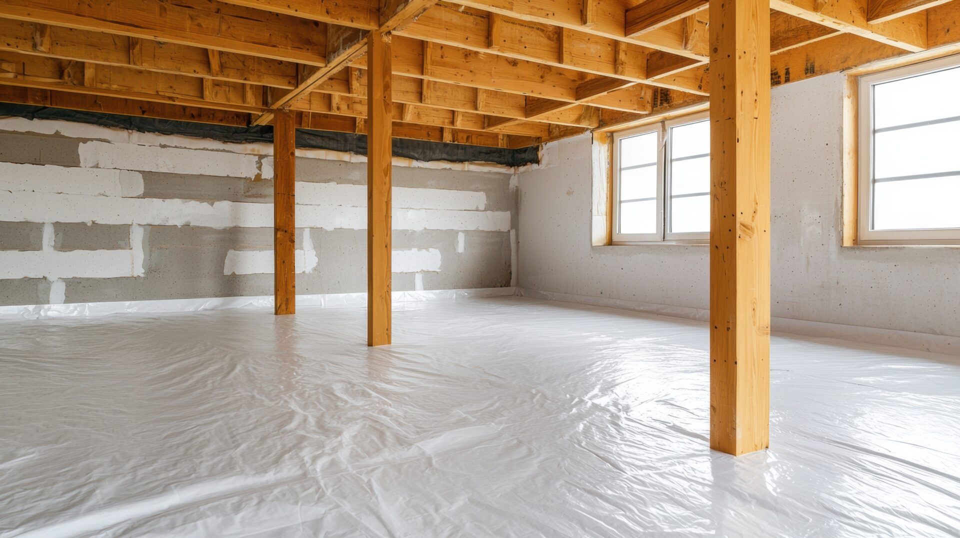 AD Construction NJ - Basement with exposed wooden beams, white plastic sheeting floor, and light gray block walls.