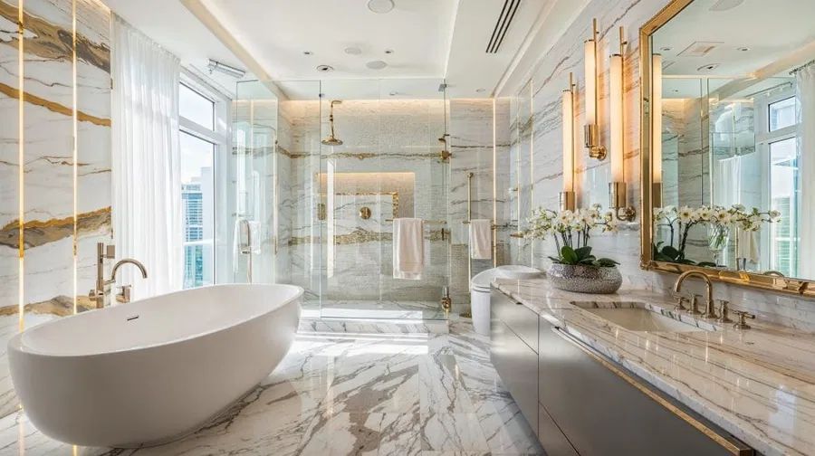 AD Construction NJ - Luxurious bathroom with marble walls and floors, a soaking tub, glass shower, and gold accents.