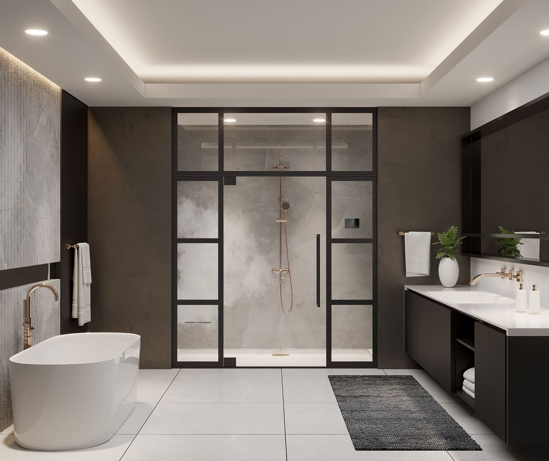 AD Construction NJ - Modern bathroom with a glass shower enclosure, a bathtub, and a dark vanity.