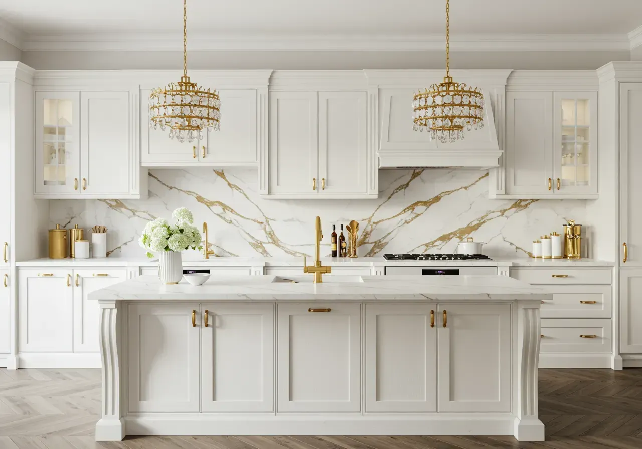 AD Construction NJ - Elegant white kitchen with marble countertops, gold accents, and pendant lights.
