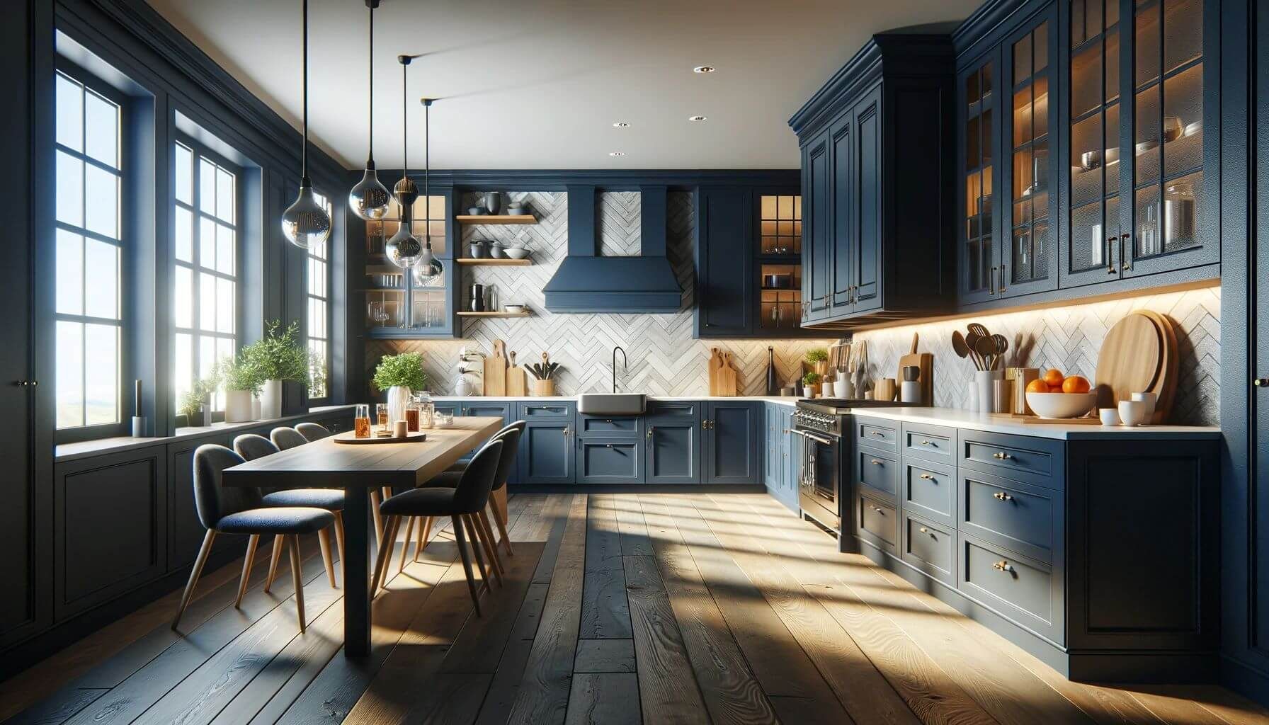 AD Construction NJ - Navy blue kitchen with wooden floors, dining table, and large windows.