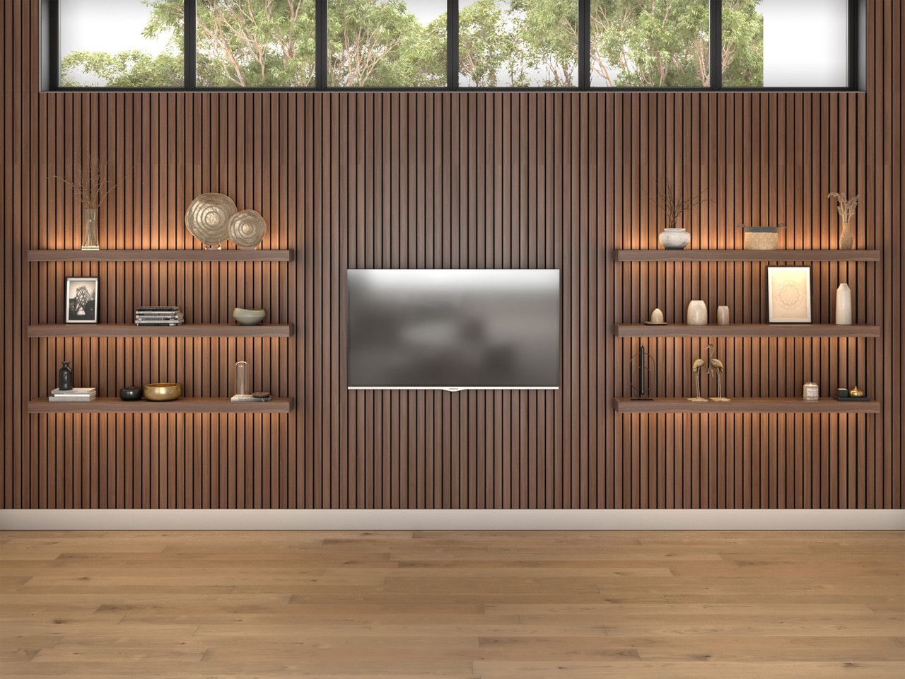 AD Construction NJ - Wooden wall with built-in shelves, TV, and large window. Displayed items include books and candles.