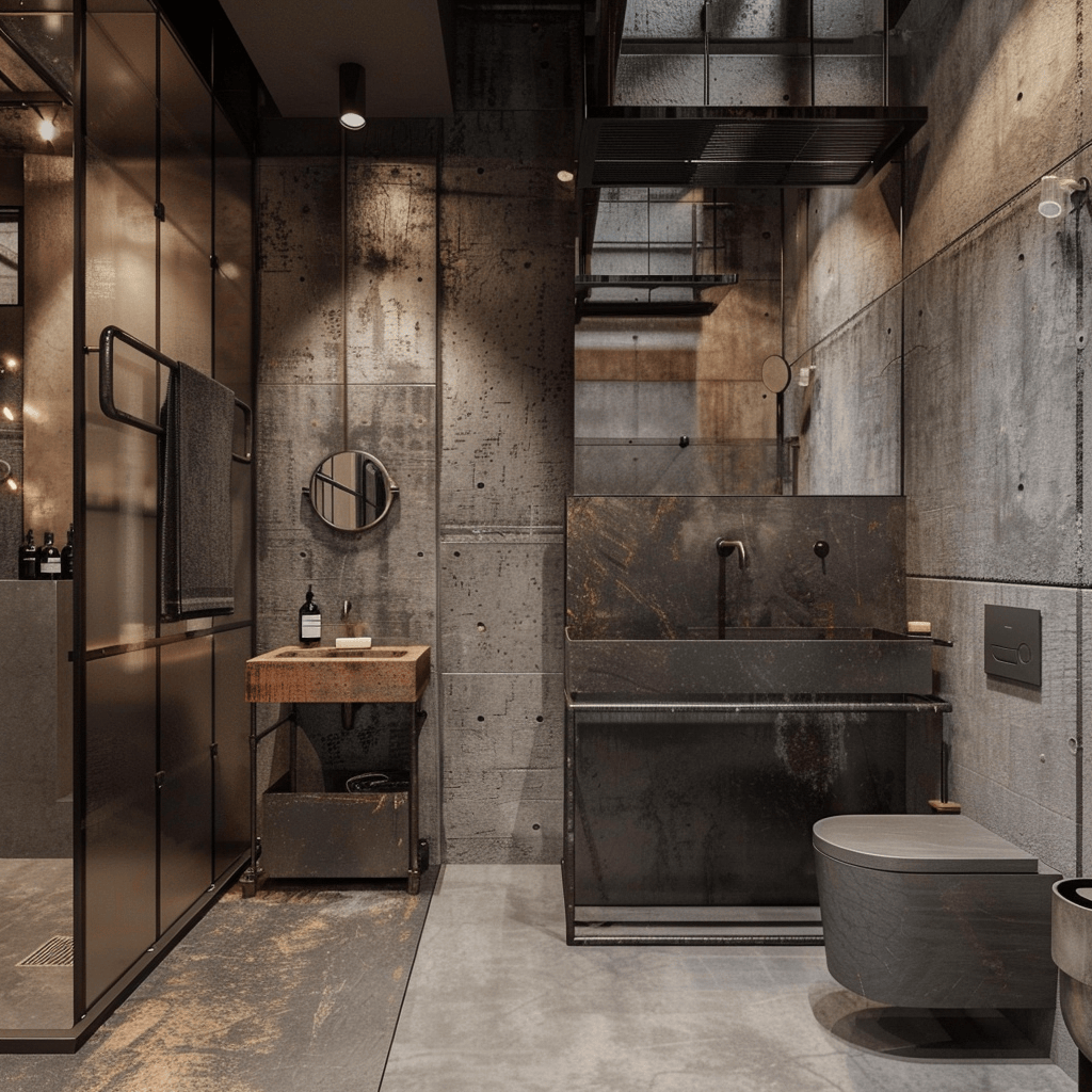 AD Construction NJ - Industrial-style bathroom: concrete walls, metal fixtures, glass shower, dark sink, toilet.