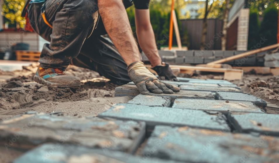 AD Construction NJ - Person wearing work gloves installing paving stones.