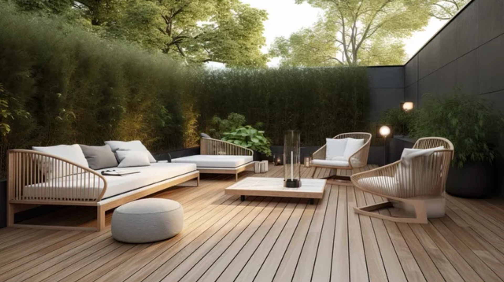 AD Construction NJ - Outdoor patio with wooden deck, seating, and lush greenery.