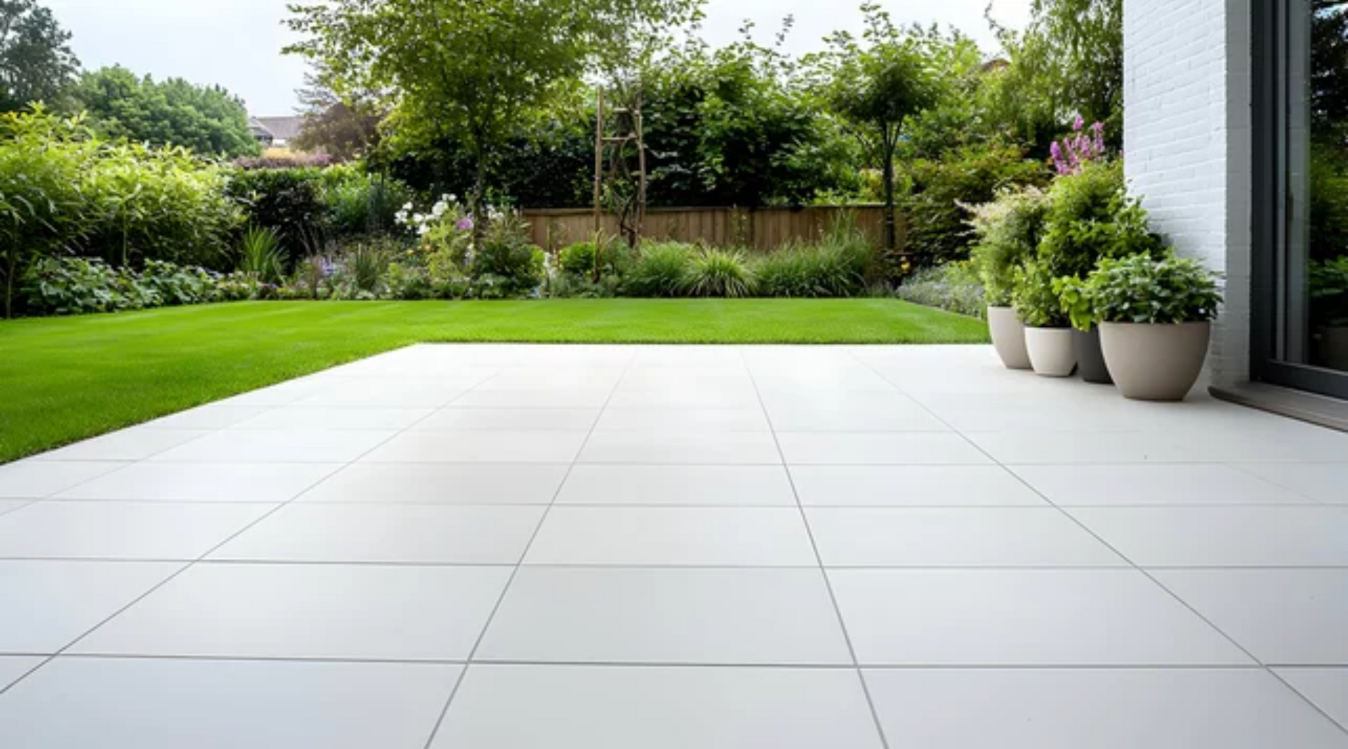 AD Construction NJ - White tiled patio with potted plants, overlooking green lawn and trees.