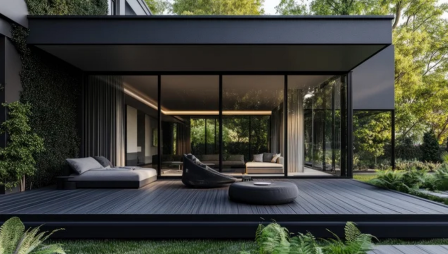 AD Construction NJ - Black modern outdoor patio with glass walls, lounging furniture, and lush greenery.