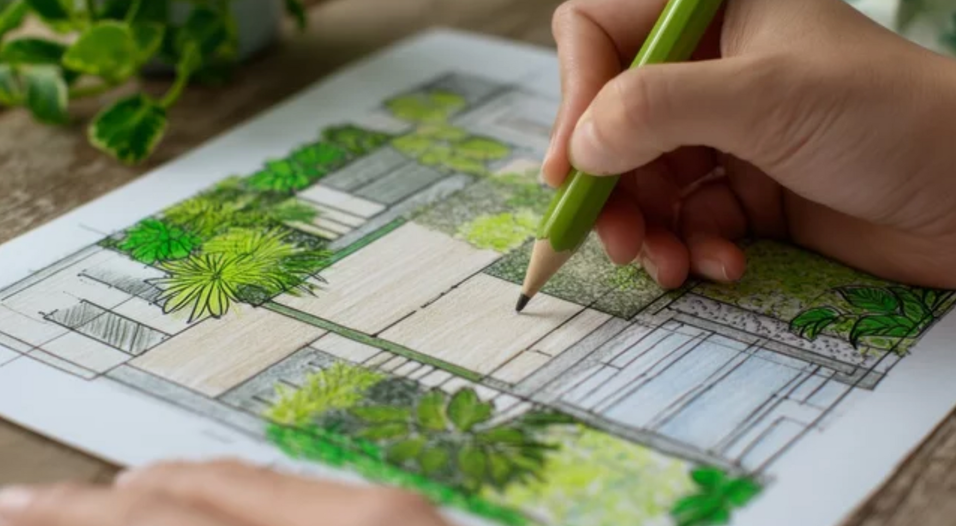 AD Construction NJ - Hand drawing a landscape architectural design with a green pencil, showcasing plants, paths.