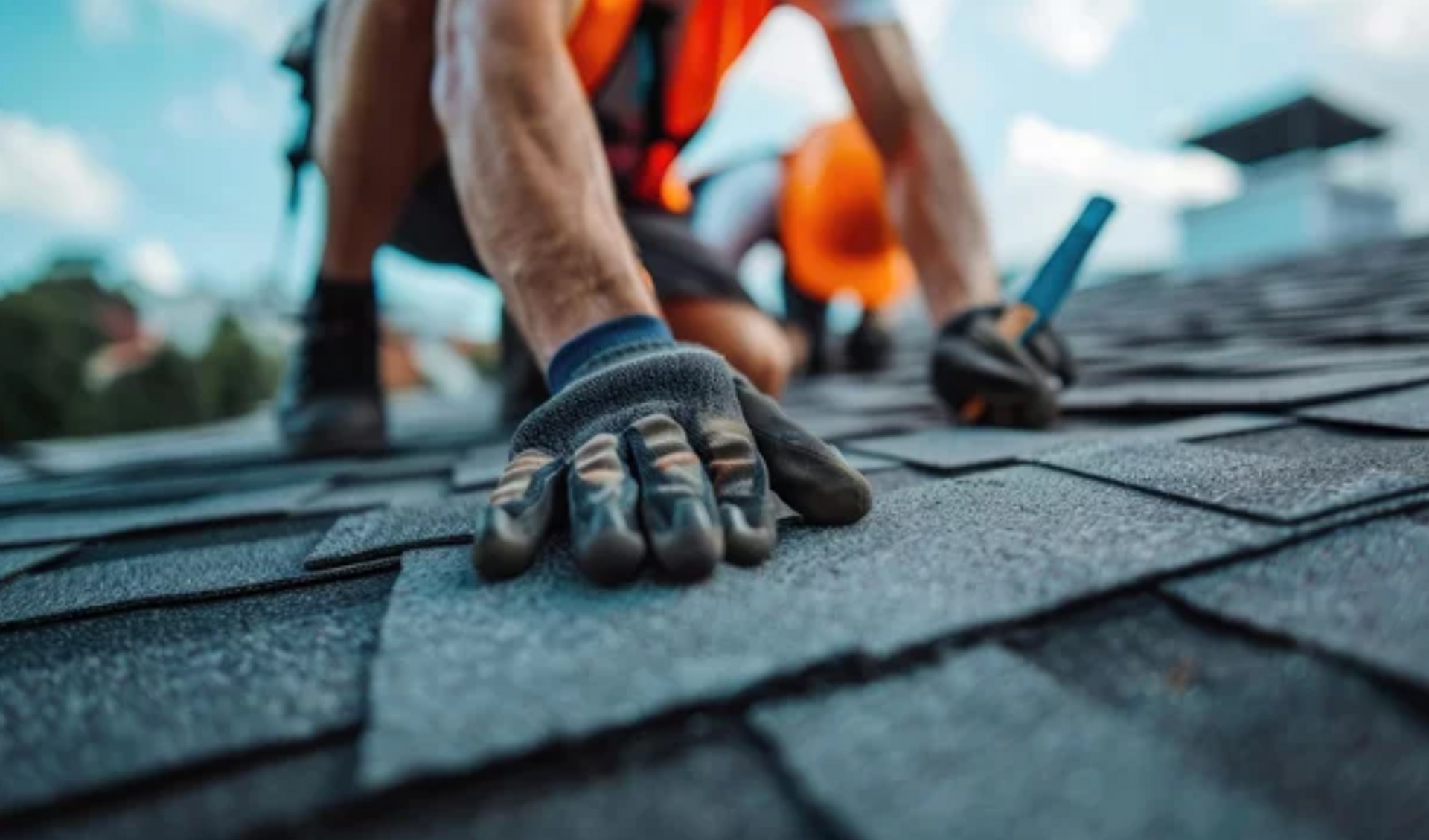 AD Construction NJ - Roofer kneeling on a shingled roof, wearing gloves and safety gear, working with a tool.