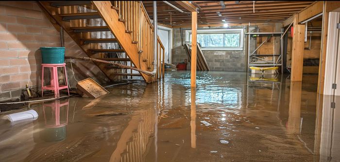 A flooded basement with stairs and a pink stool.