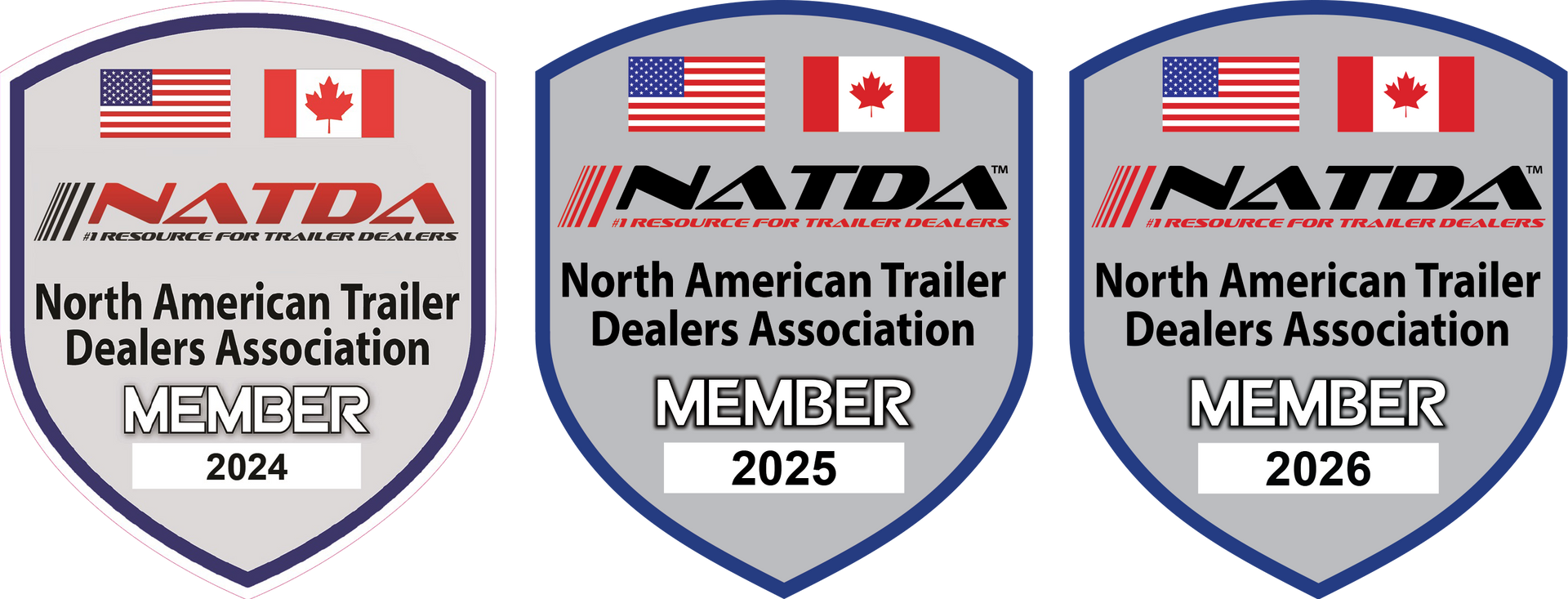 Three shields displaying NATDA membership for 2024, 2025, and 2026, featuring the US and Canadian flags.