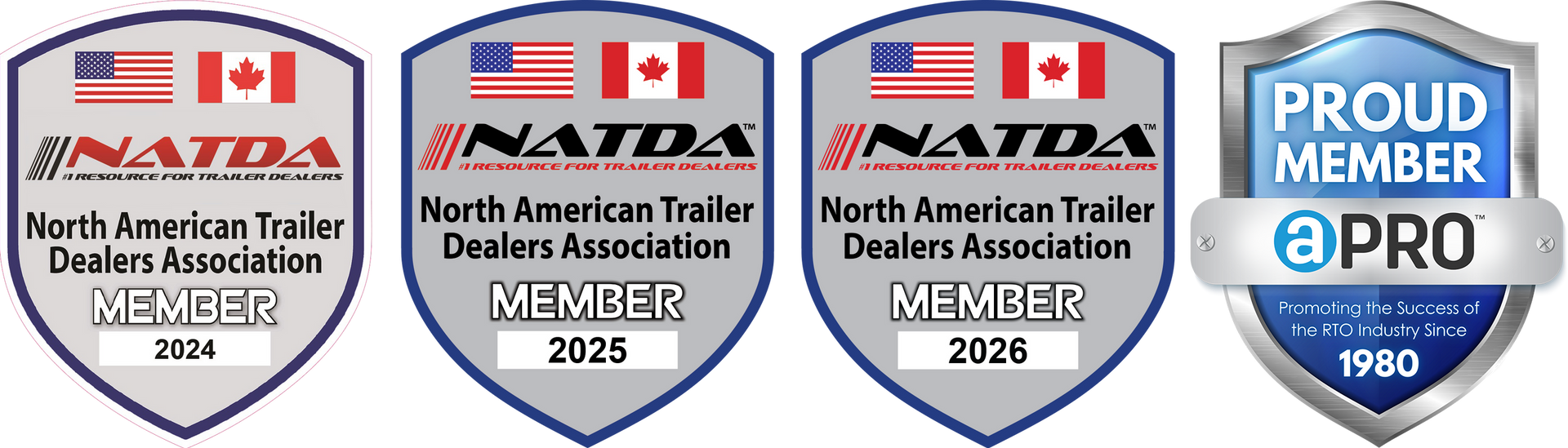 NARDA and APRO membership logos and shield badges, blue and silver with Canadian flags and 2025–2026 dates
