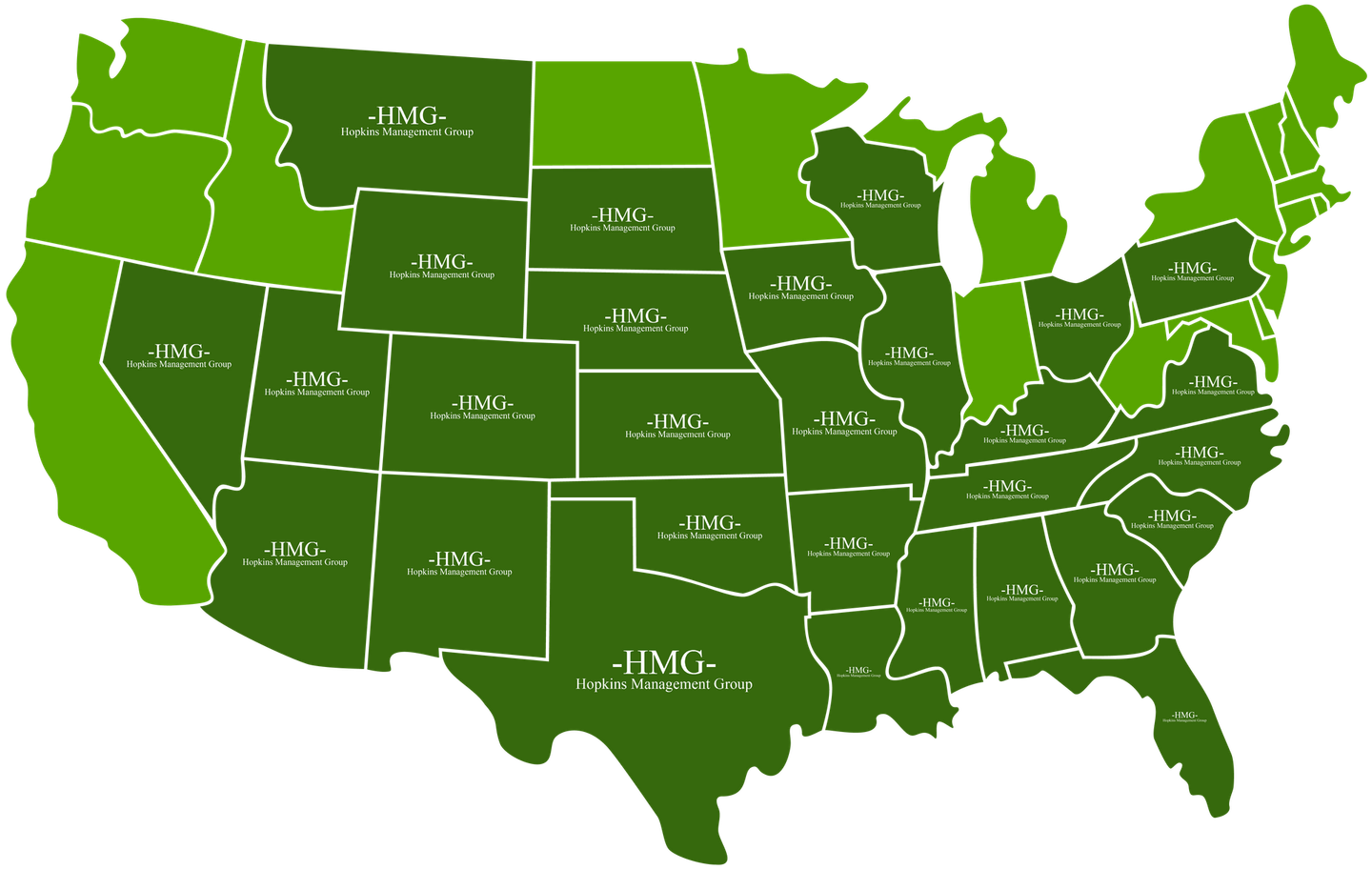 A green map of the united states with HMG written on it to showcase their locations