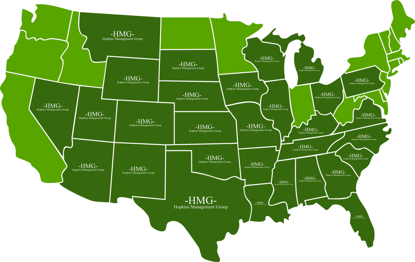 A green map of the united states with HMG written on it to showcase their locations