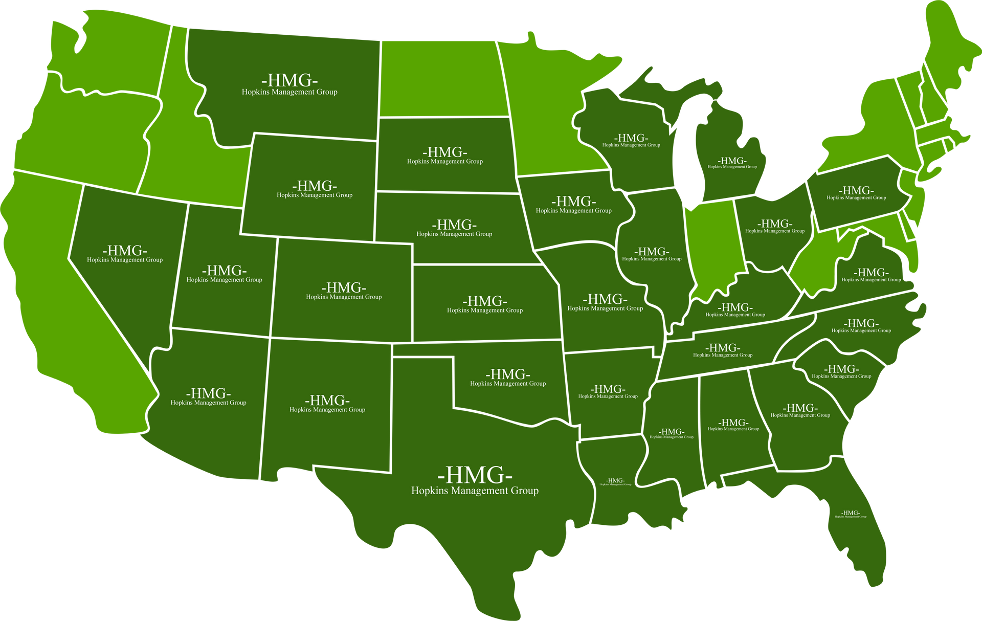 A green map of the united states with HMG written on it to showcase their locations