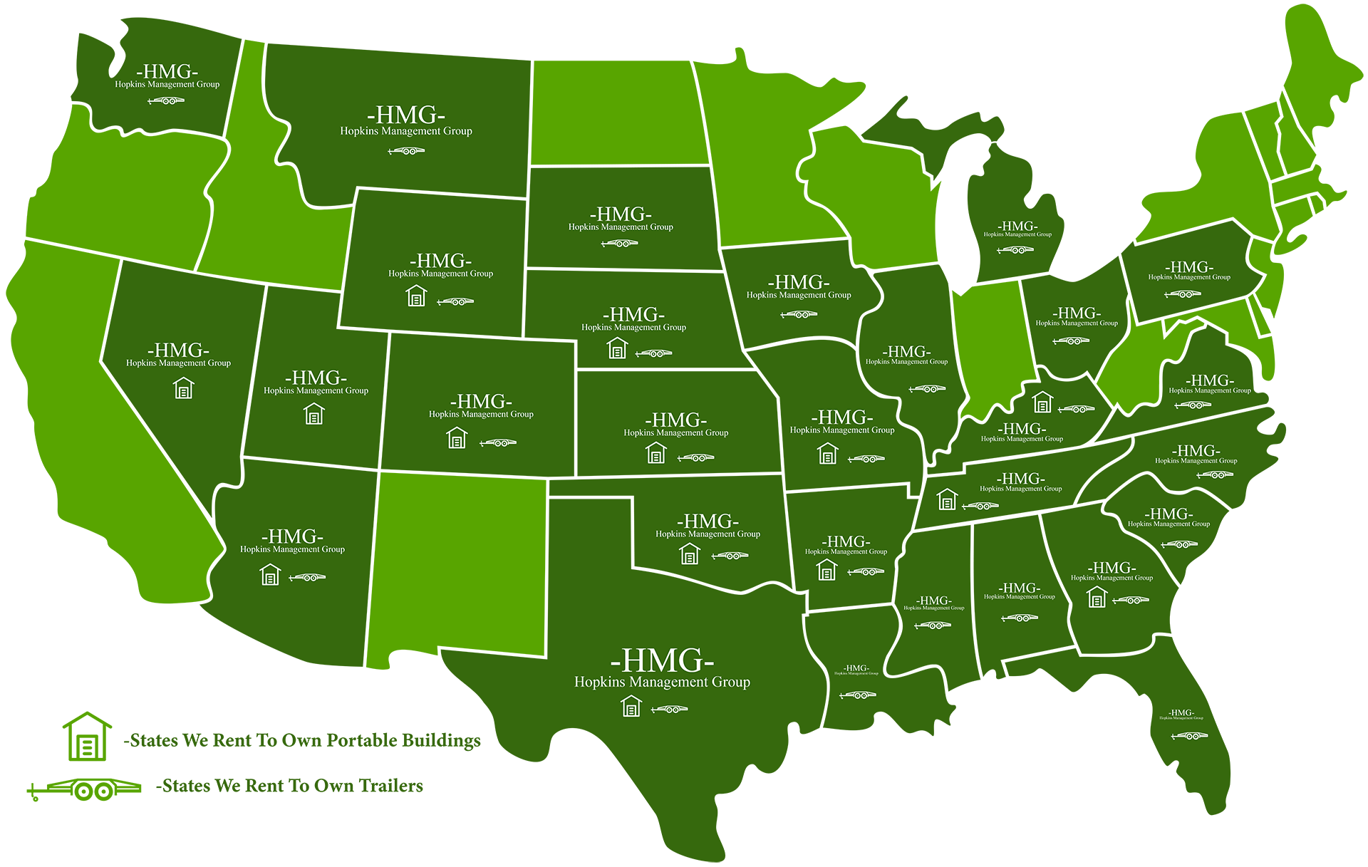 A green map of the united states with HMG written on it to showcase their locations