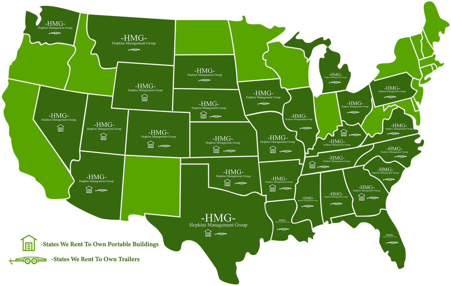 A green map of the united states with HMG written on it to showcase their locations