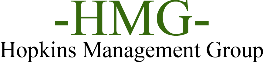 The logo for hopkins management group is green and white