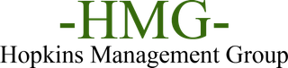 The logo for hopkins management group is green and white