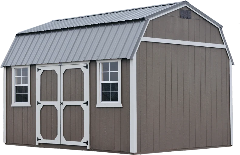 A gray barn-style storage shed with a metal roof, double doors, and two windows against a white background.
