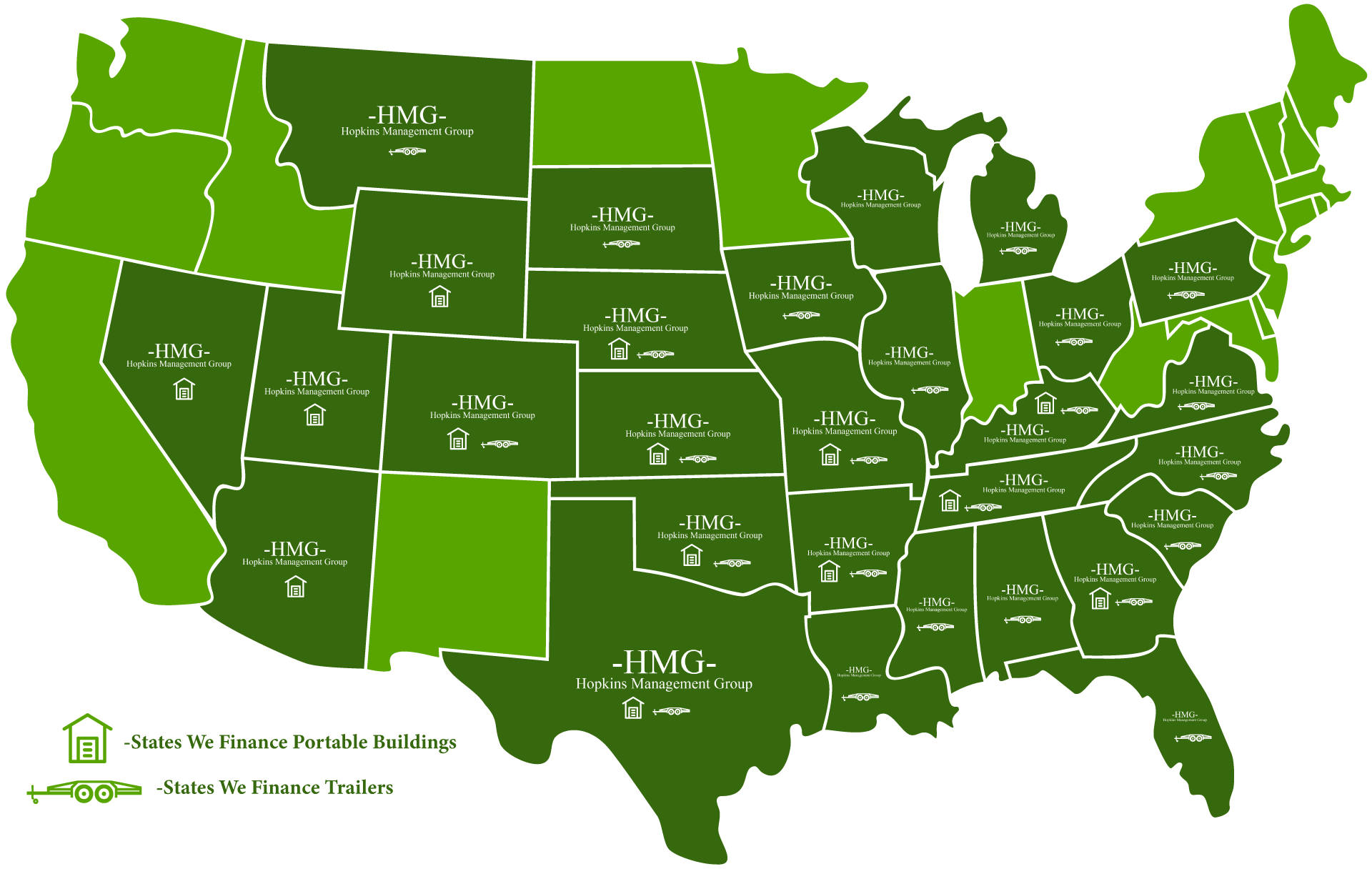 A green map of the united states with HMG written on it to showcase their locations