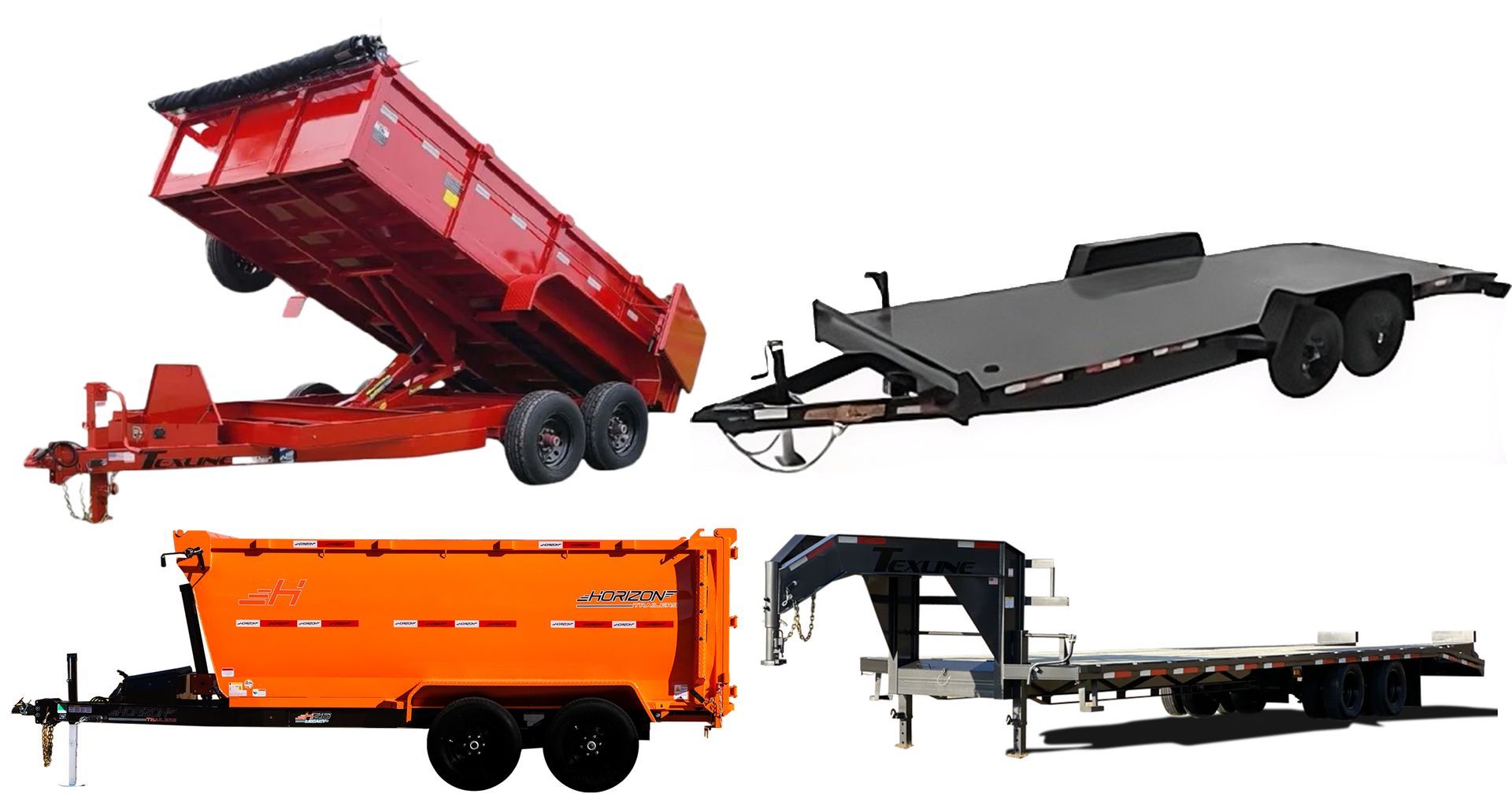 A grid of four Apex trailers: red and orange dump trailers, a black flatbed trailer, and a maroon gooseneck trailer.