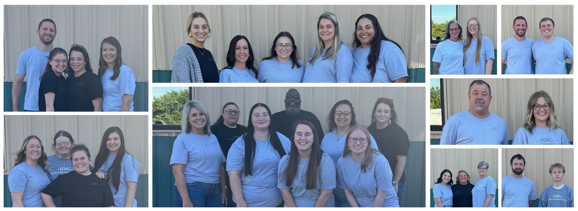 A collage of people wearing light blue t-shirts, posing in groups against a tan metal wall.