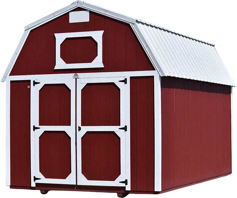 A red barn with white doors and a white roof