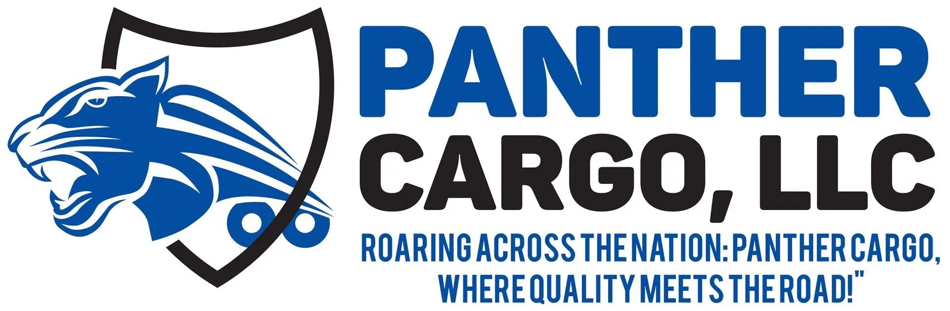 Panther Cargo, LLC logo with blue panther head and shield icon, black and blue company name and slogan.