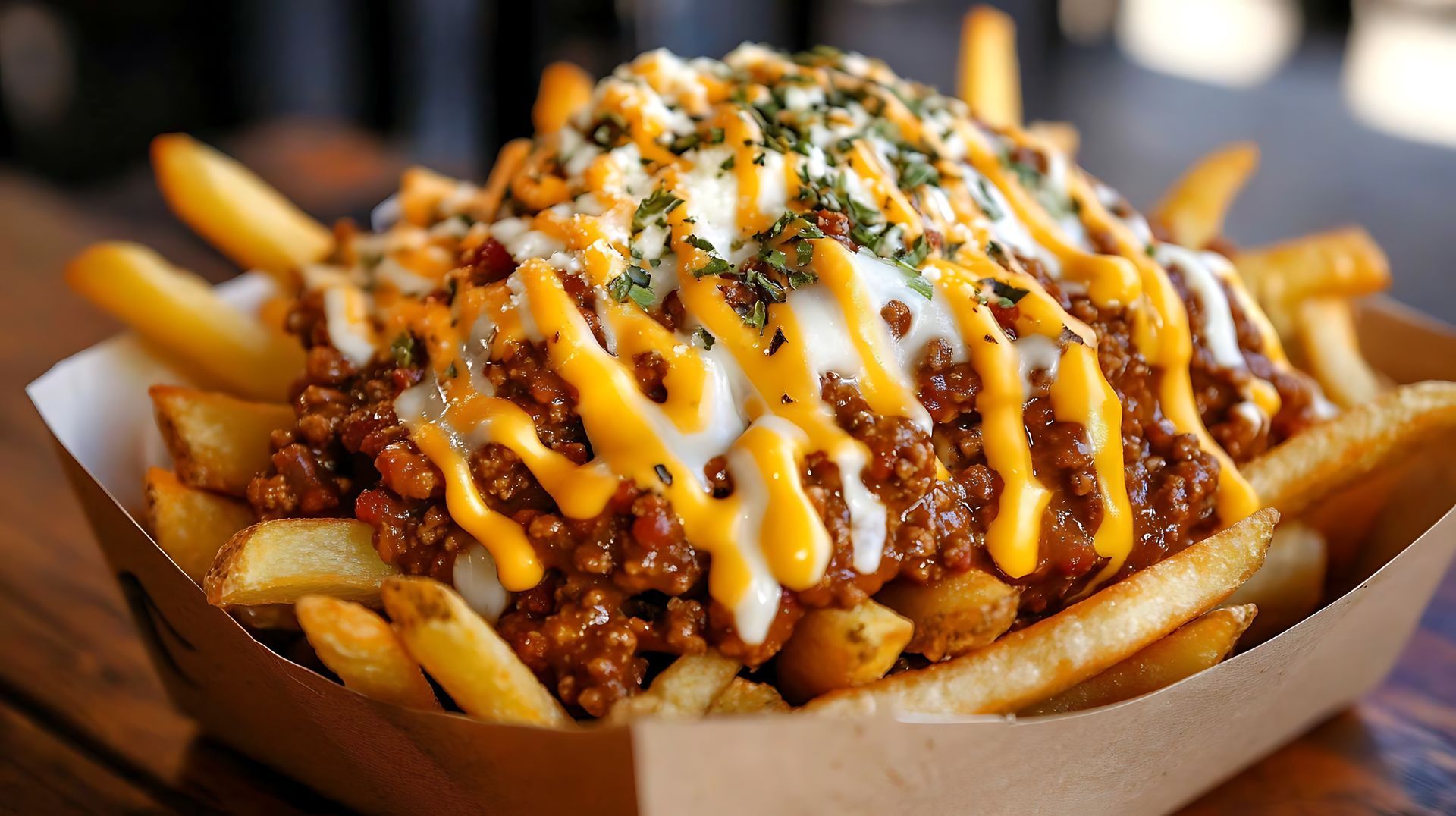 Chili cheese fries in a brown paper container, topped with cheese sauce, sour cream, and herbs.