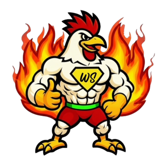 Muscle-bound rooster superhero giving a thumbs-up, surrounded by flames, wearing a 