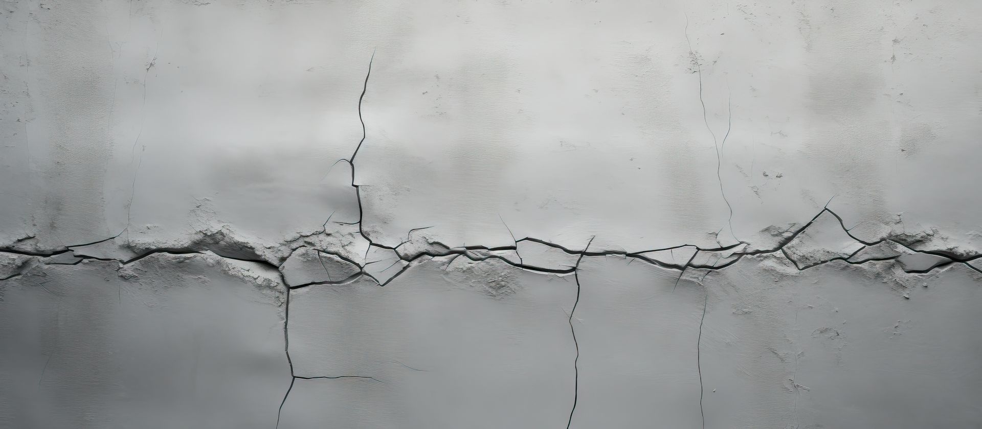 Mur de béton fissuré. Teintes grises et blanches. Le centre présente une large fracture.