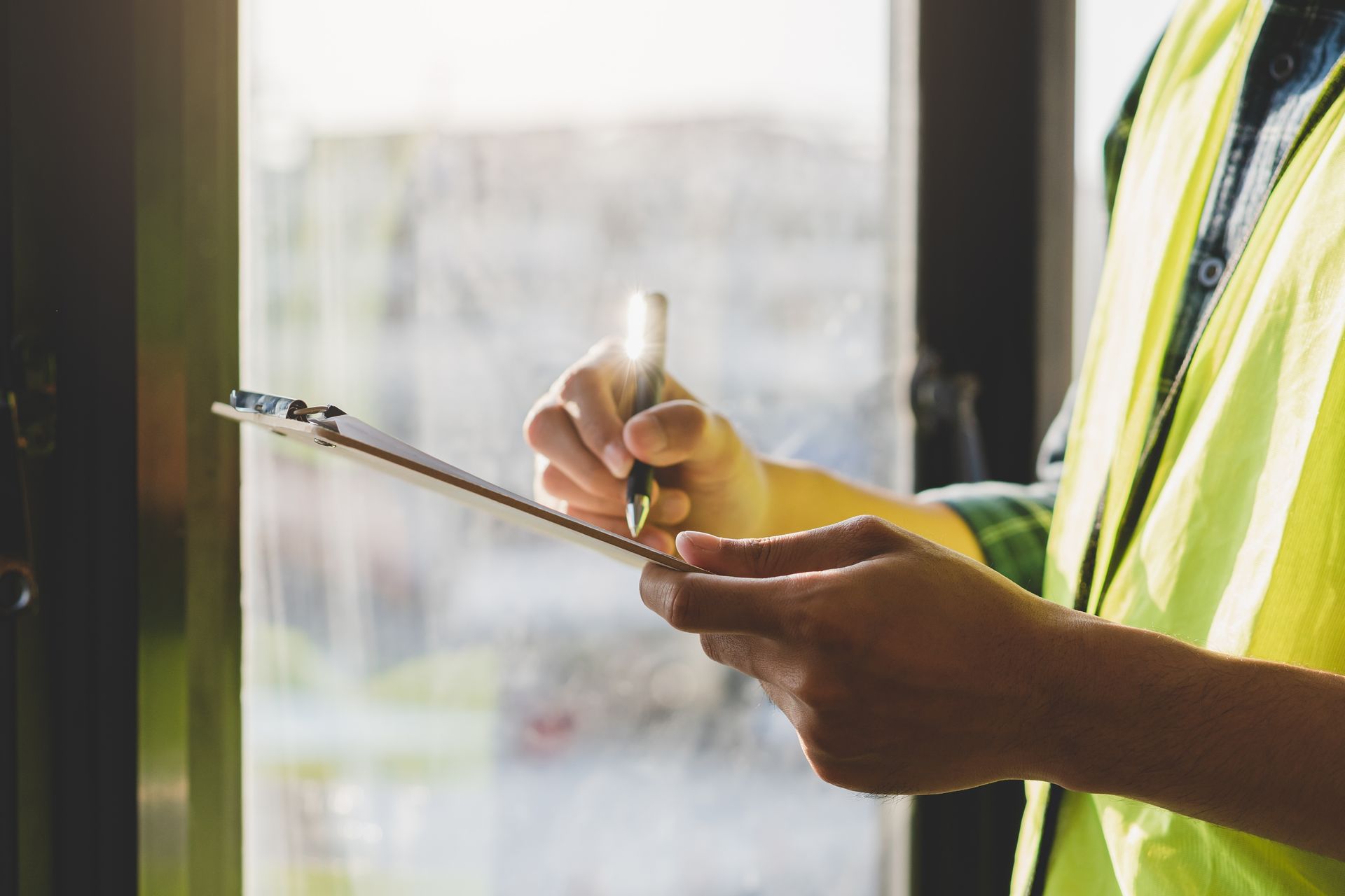 Une personne portant un gilet de sécurité écrit sur un presse-papiers près d'une fenêtre.