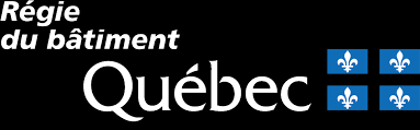 Logo of Régie du bâtiment Québec: White text on black background, with four blue fleur-de-lis on the right.