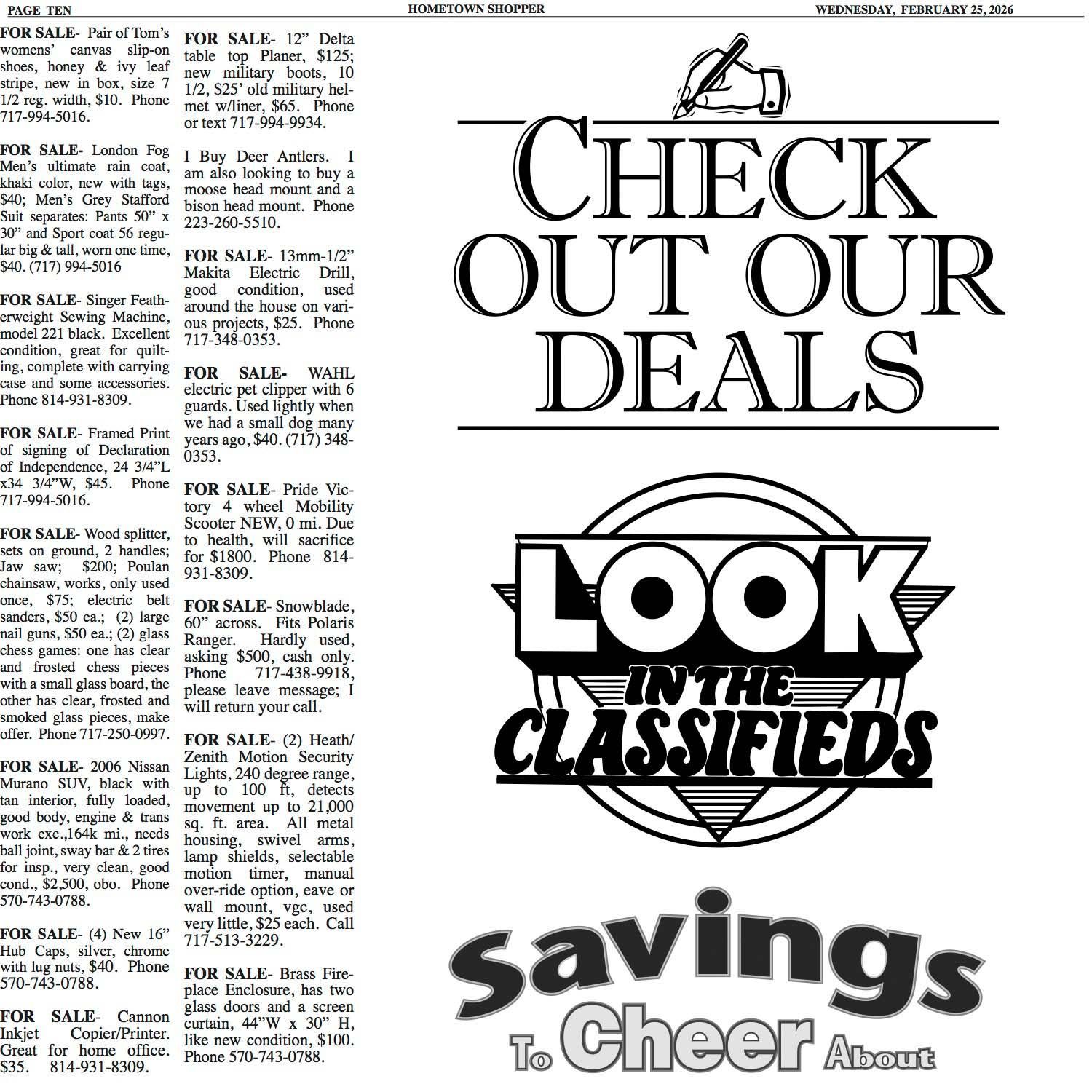 Black and white classified ads with a headline 