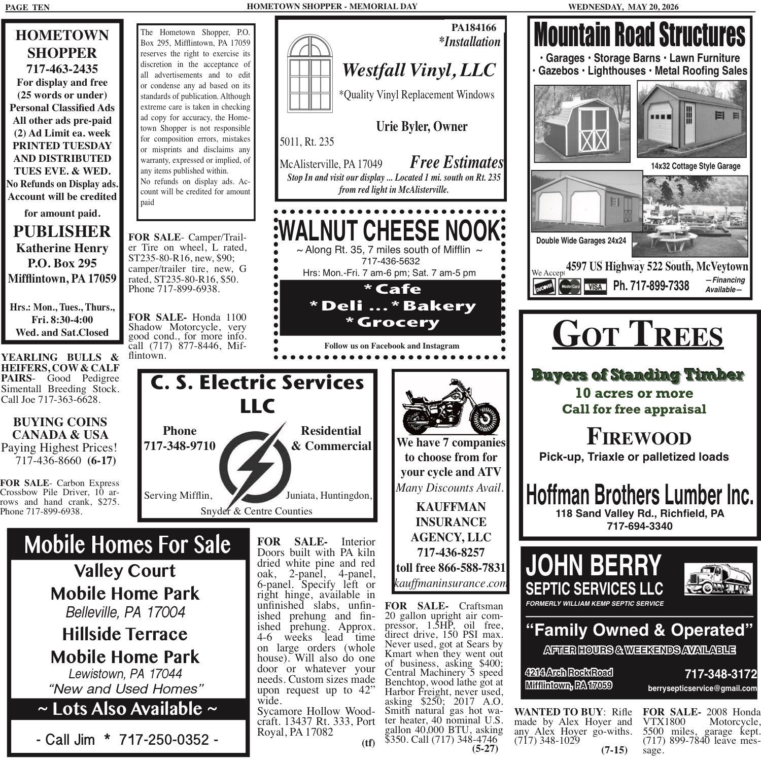 Black-and-white newspaper classifieds page with ads for services, food, mobile homes, and lumber.