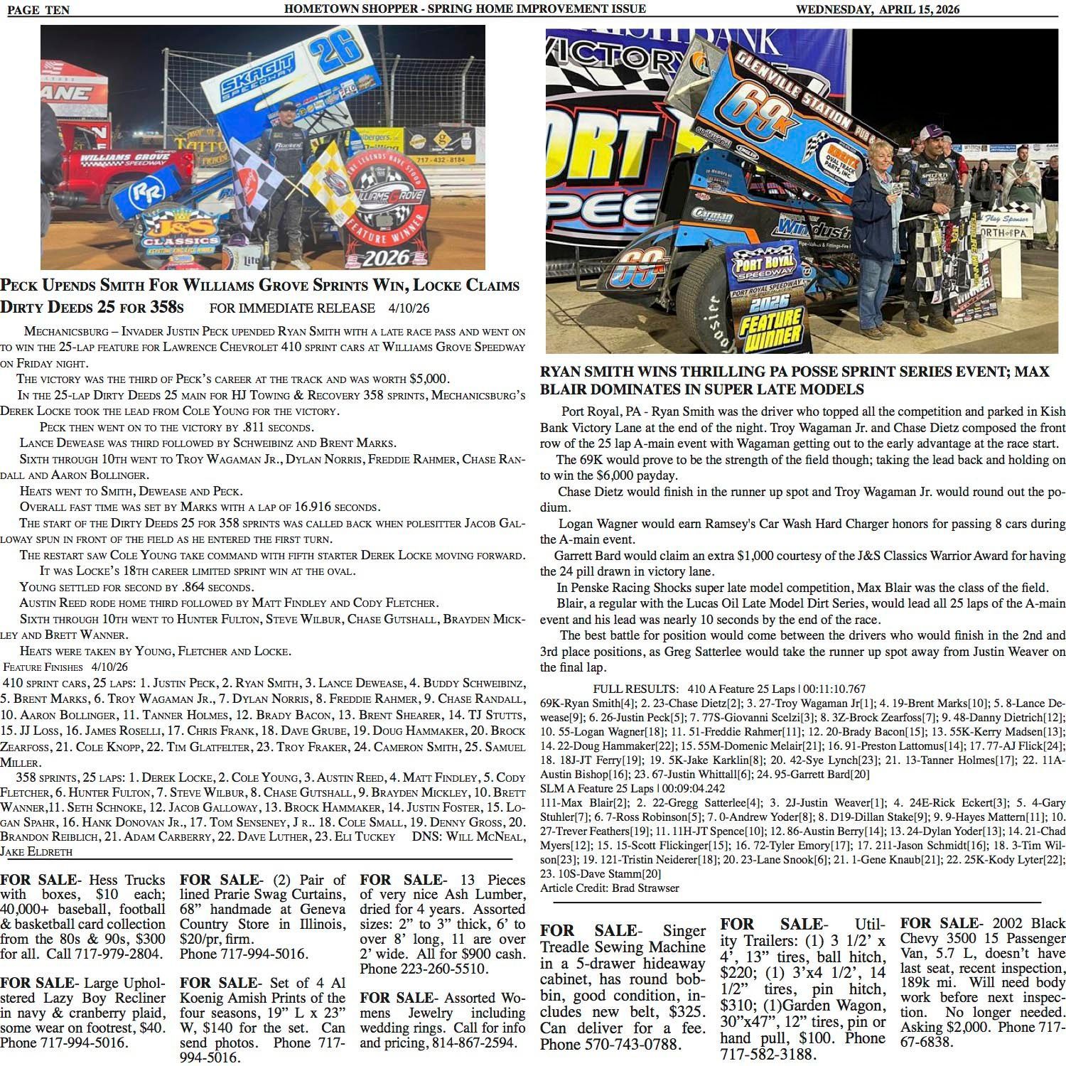 Newspaper page featuring two photos of race cars, with articles about Sprint Car and Super Late Model racing events.