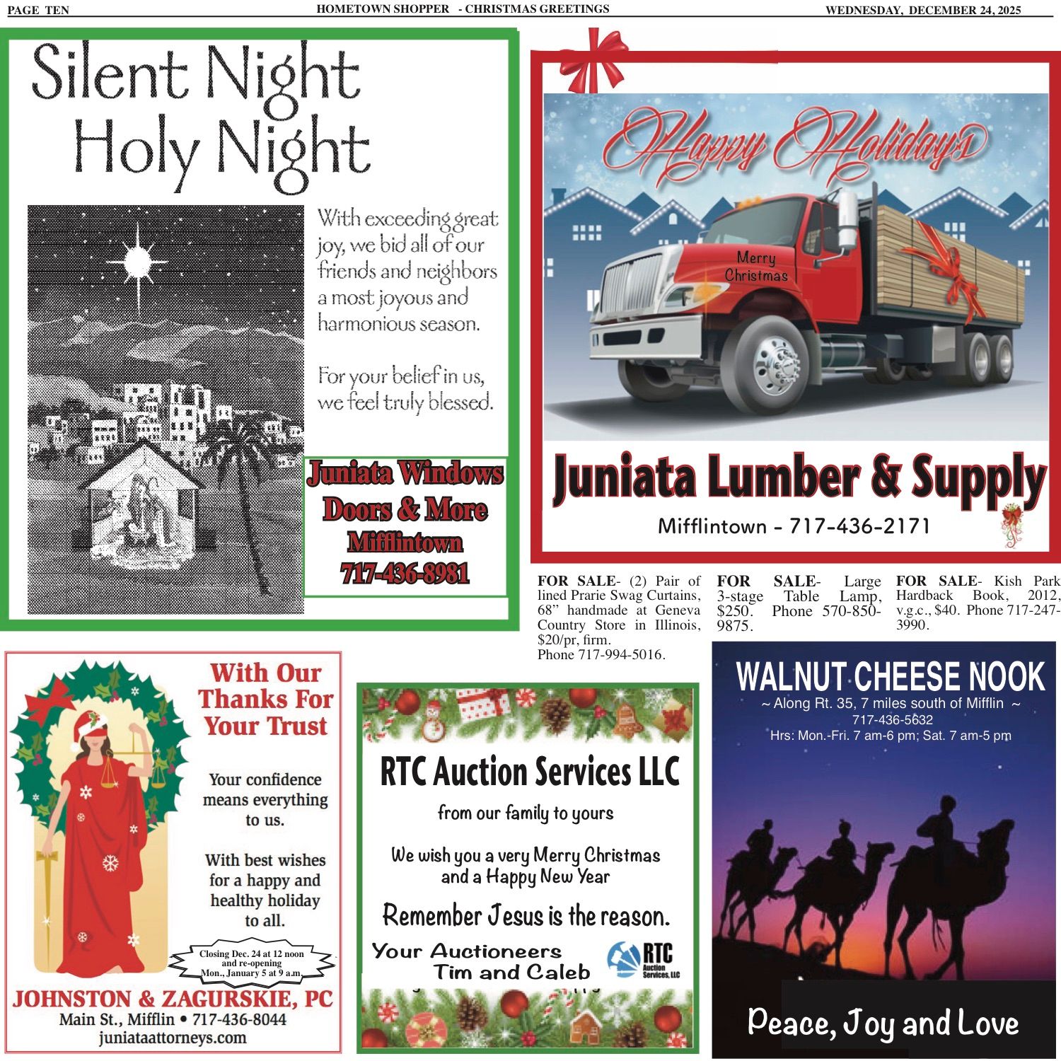 Advertisements for local businesses: windows, lumber, an auction service, a legal firm, and a shop.